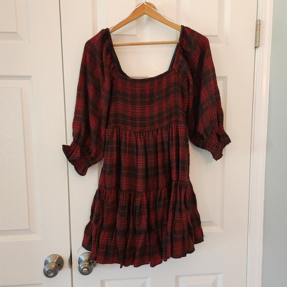 Lulus - No One Cuter Red and Black Plaid Puff Sleeve Tiered Mini Dress - Size S - Picture 6 of 7